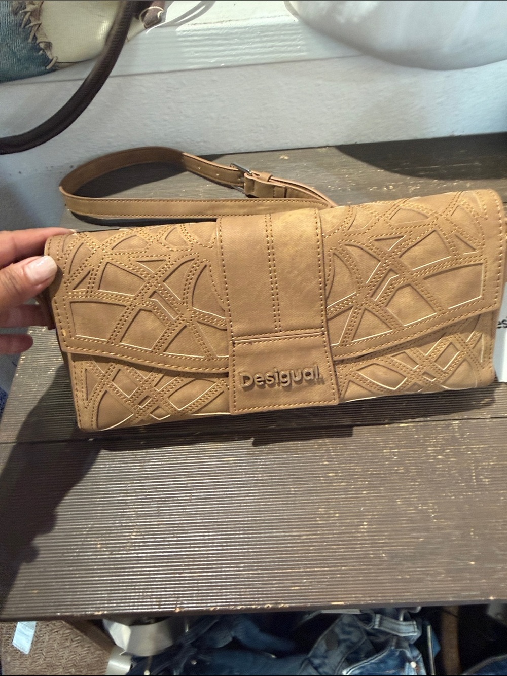 Desigual Tan Embossed Leather Wristlet Clutch